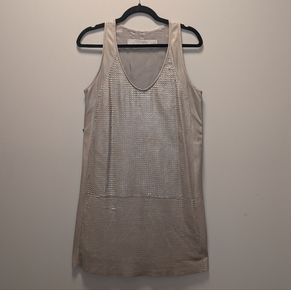 DROMe Metallic Leather Mini Dress M Silver Textured Made in Italy - Picture 2 of 8